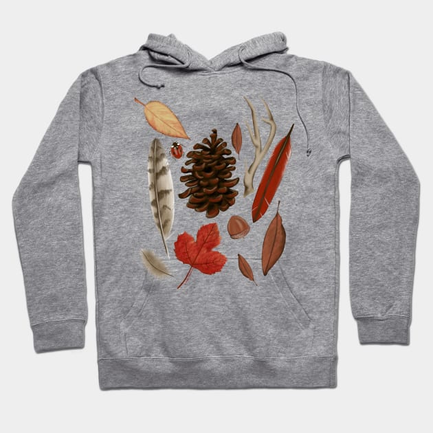 Fall Leaves with Antlers, Feathers, Pinecones, Ladybug Hoodie by Steph Calvert Art
